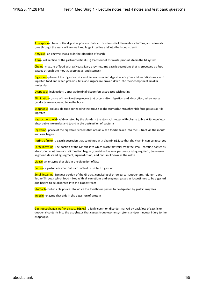 Preview image for Test 4 Med Surg 1 - Lecture notes Test 4 notes and test bank questions